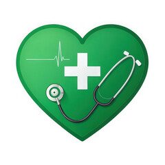 Obraz premium Green Heart with Medical Cross, Stethoscope, and Heartbeat Line Icon