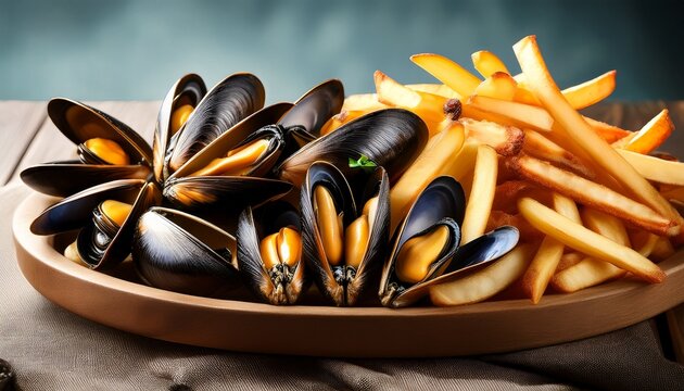 savory moules frites delight close up of traditional french mussels and fries platter on simple background