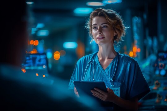 A female healthcare worker in scrubs holds a tablet, speaking attentively in a dimly lit hospital.