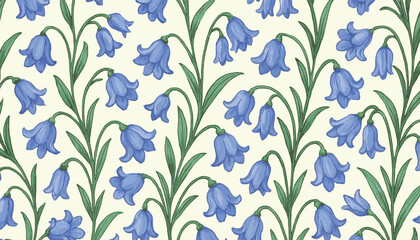 Seamless floral pattern featuring hand-drawn bluebell flowers with green leaves on a light background. Ideal for fabric, wallpaper, packaging, stationery, and elegant decorative designs.
