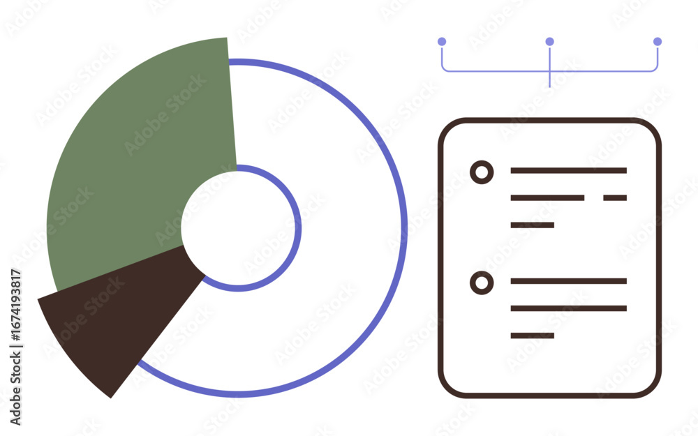 Poster pie chart with segmented sections beside a structured document, linked visually by lines. ideal for 