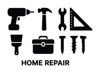 Home repair tools silhouette set: drill, hammer, wrench, toolkit, screws for diy projects