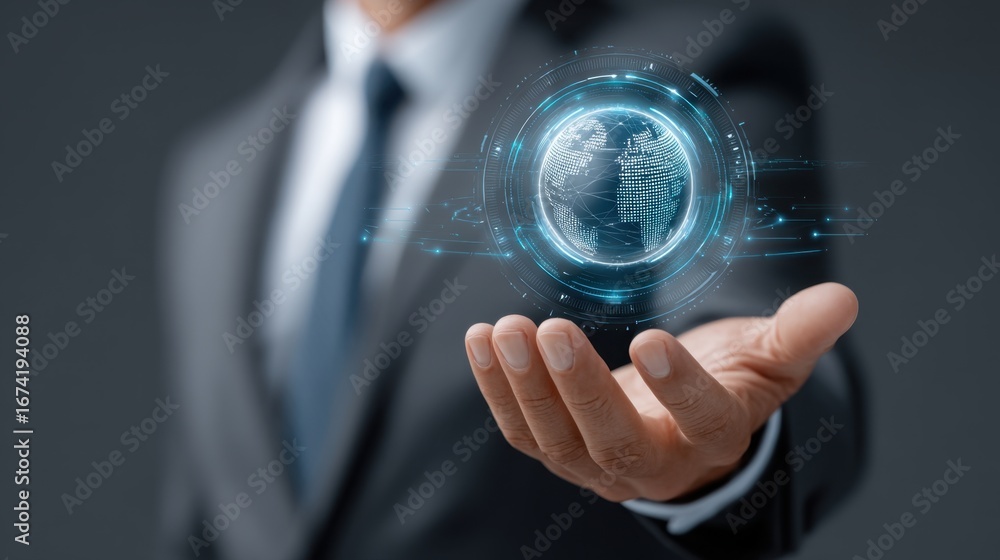 Poster businessman holding digital globe with technology elements representing virtual connection and globa