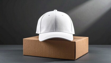 A clean white baseball cap sits atop a plain cardboard box, a versatile mockup template for custom branding, logo design, or e-commerce promotions