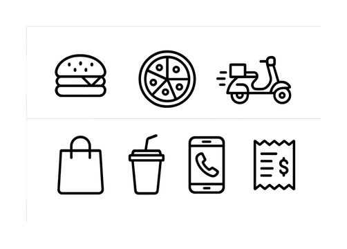 Food delivery icons: burger, pizza, scooter, shopping bag, drink, phone, receipt