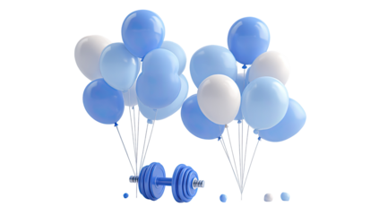Celebration dumbbells.  Bunch of light blue and white balloons, with dumbbells