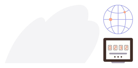 Minimalist globe with connection points representing global reach next to a digital visitor counter. Ideal for analytics, website traffic, global data, connectivity, statistics, web tracking, simple