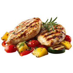 Grilled Chicken with Roasted Vegetables, isolated on transparent background