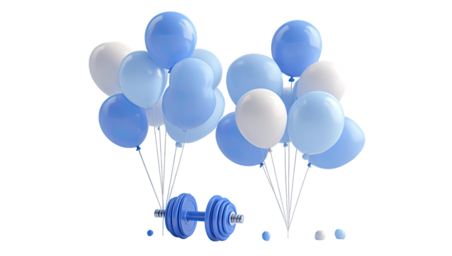 Celebration dumbbells.  Bunch of light blue and white balloons, with dumbbells