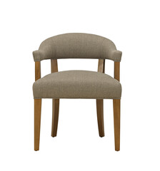 Elegant taupe armchair with wooden frame on white background interior decor + clipping path. Furniture, interior object.