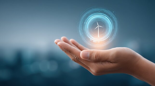 Hand holding holographic wind turbine icon representing renewable energy innovation and sustainable technology in a modern urban environment