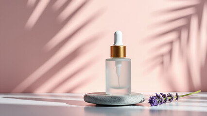 White matte glass cosmetic bottle on gray stone with soft pink background, minimalist design