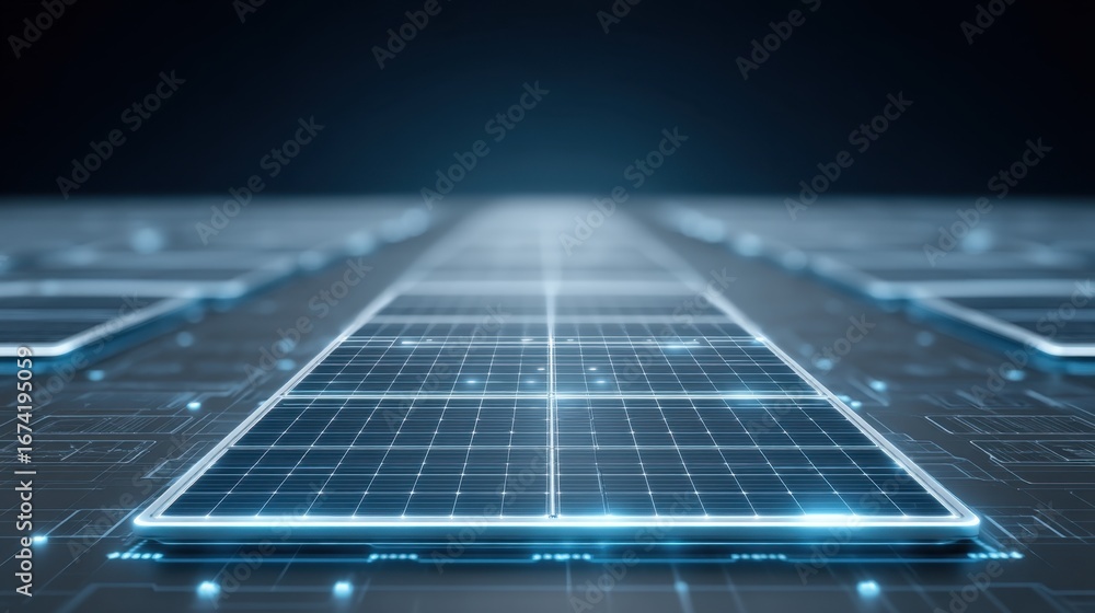Aufkleber futuristic solar panel array on a digital grid with bright light and high-tech elements for renewabl