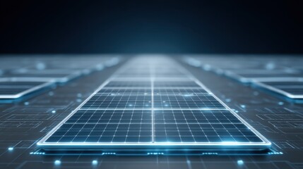Futuristic Solar Panel Array on a Digital Grid with Bright Light and High-Tech Elements for Renewable Energy and Innovation Concepts