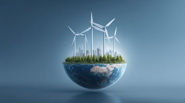 Modern city with wind turbines and forest on a floating globe representing sustainable energy and eco-friendly future in a digital art style