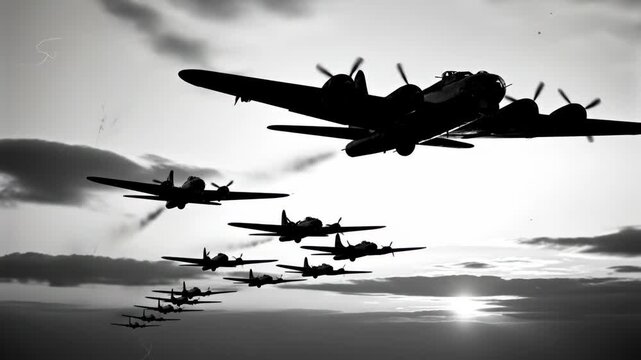WWII Bomber Squadron Returning Home - A black and white video depicts a squadron of B-17 bombers flying in formation at sunset, silhouetted against a cloudy sky.