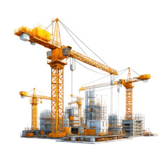 Orange construction cranes over a complex structure