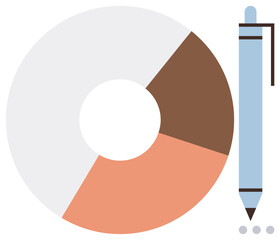 Pie chart divided into three segments next to a pen, representing data analysis, reporting, creativity, productivity, business strategy, organization, presentation. Ideal for simple flat metaphor