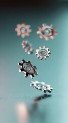 Fototapeta premium An abstract composition of polished metal gears floating on a blue gradient. 