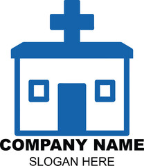 Obraz premium Modern Blue Hospital Building with Cross Symbol Logo Design