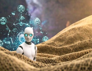 Futuristic robot in a desert landscape with holographic interface