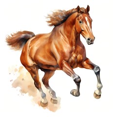 Obraz premium The illustration shows a brown horse with a flowing mane and tail running across a white background with watercolor texture.