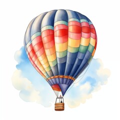 Naklejka premium A watercolor illustration shows a hot air balloon with a striped pattern in shades of red, yellow, blue, and green, floating above a light blue sky with clouds.