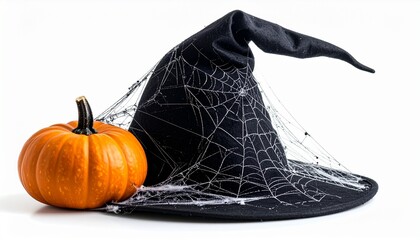 Classic Halloween still life with a spooky black witch hat covered in cobwebs and a vibrant orange pumpkin on a clean white background