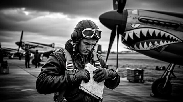 WWII Pilot Preparing for Mission - A black and white video of a World War II pilot in full gear meticulously reviewing his flight plan beside his aircraft, which bears a distinctive shark mouth