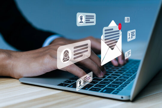Notification. business man hand using laptop computer send mail message from mail box, new chat message, cyber security, digital marketing, business finance, internet network technology concept