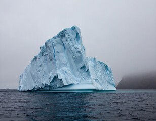 A massive iceberg floats in a misty, gray landscape
