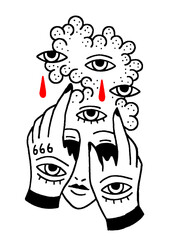 Surreal illustration of hands, eyes, and crying red tears with the number 666.