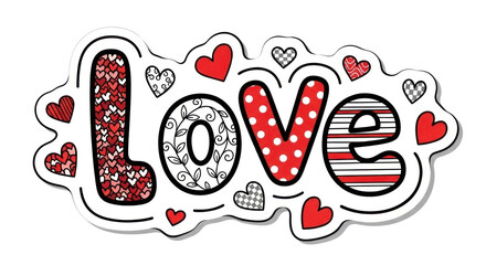 A colorful sticker with the word 'Love' and various heart shapes in different patterns and colors.