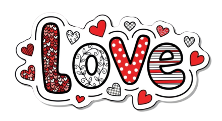 A colorful sticker with the word 'Love' and various heart shapes in different patterns and colors.