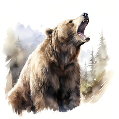 Fototapeta premium A watercolor painting depicts a grizzly bear with its mouth open, showing teeth, set against a hazy mountain background with coniferous trees.