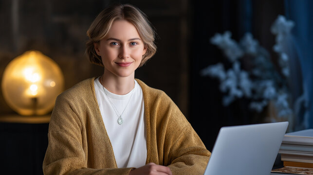 A teacher hosts online, the modern scene illuminated by soft light. Teacher, online, with copy space