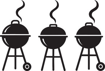 Three black barbecue grills with smoke on a white background cooking food