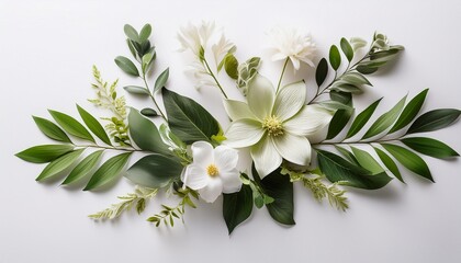 Fototapeta premium elegant floral arrangement with leaves and flowers on white background