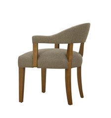 Upholstered armchair with wooden frame isolated on white background rear view + clipping path. Furniture, interior object.