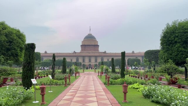 A Beautiful shot of Rashtrapati Bhavan, president house in front on of a bigger garden in New Delhi, India