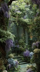 Enchanting Secret Garden - Overgrown Stone Steps  Wisteria.