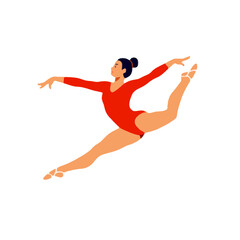Obraz premium Gymnast performing a split leap in orange leotard against white background