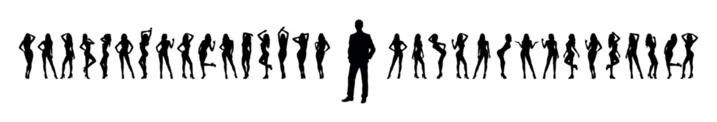 Confidence man in suit standing out in front of group sexy female models with different poses standing in a row as background black silhouettes vector illustration.