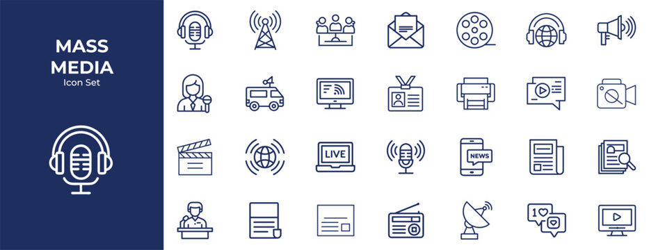 Mass media icons collection representing communication technology and digital platforms
