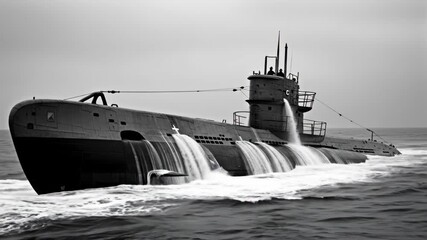 WWII Submarine Surfacing - A black and white video of a World War II-era submarine emerging from the ocean, water cascading down its hull. - Powered by Adobe