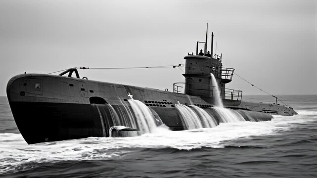 WWII Submarine Surfacing - A black and white video of a World War II-era submarine emerging from the ocean, water cascading down its hull.