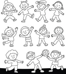 Black and white cartoon children playing, smiling, jumping, waving, holding ball, winter outfits, joyful poses, fun activity, vector illustration