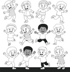 Black and white cartoon children jumping, smiling, waving, diverse group, joyful poses, happy kids, playful characters, vector illustration, isolated drawing