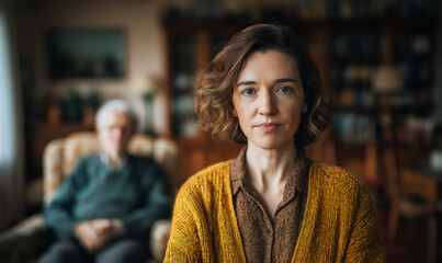 Middle age Caucasian woman with serious expression standing in living room, elderly father sitting in background, senior care concept