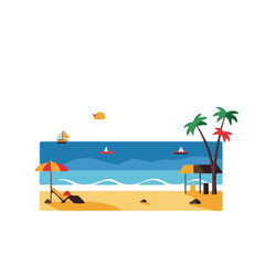 Obraz premium Minimalist Beach Scene Illustration: Pasir Putih with Palm Trees and Boats